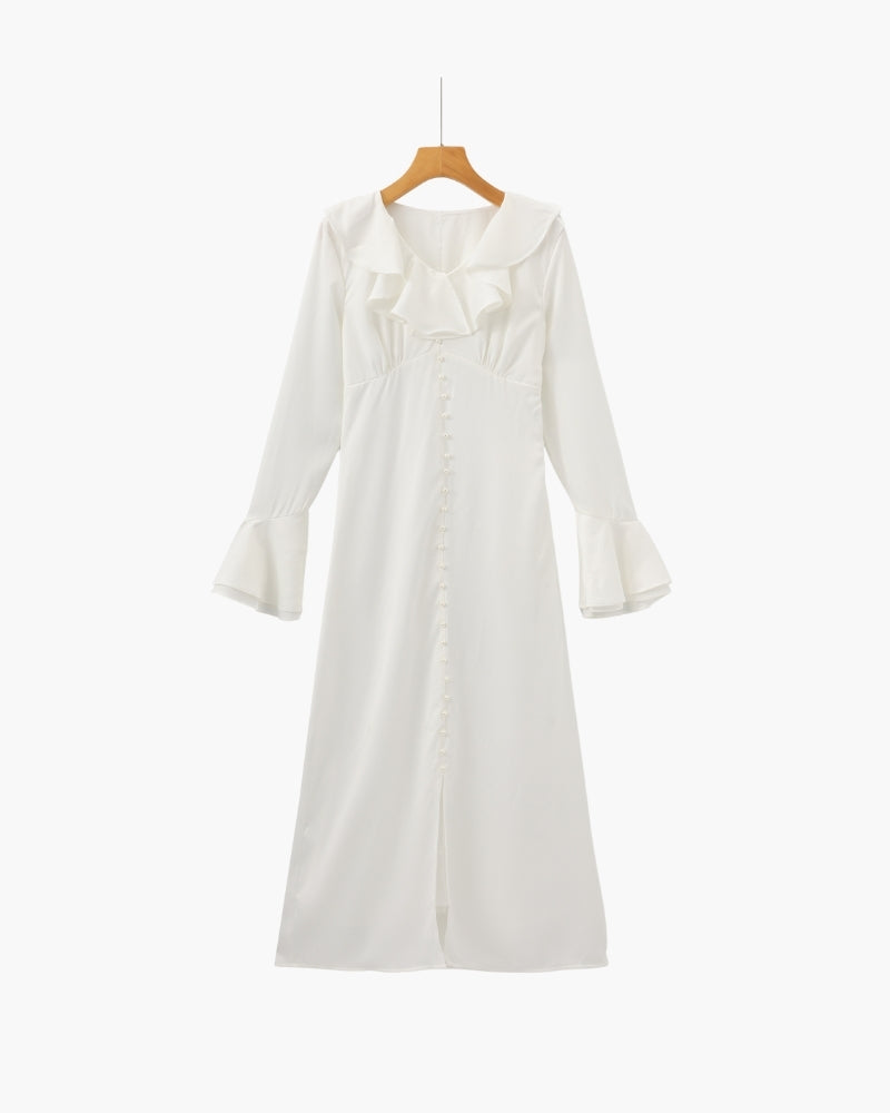 Vestido Midi con Botones de Perla y Volantes